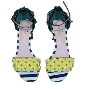 Kate Spade Pineapple Yellow Green, Leather, Wicker Mid Heel Sandals Size 5